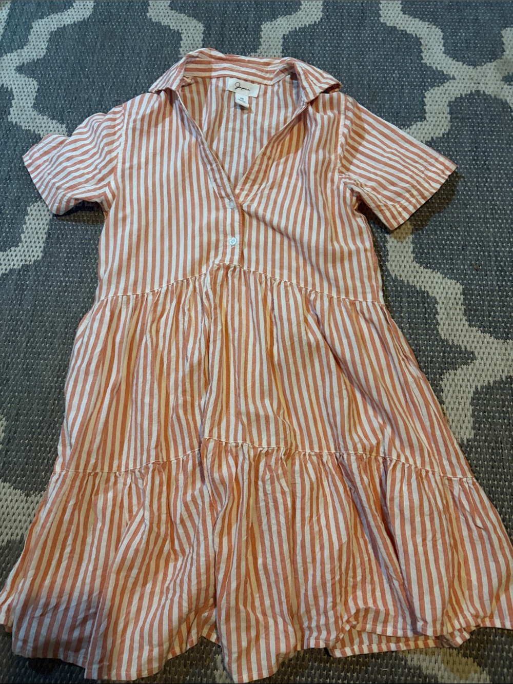 Japna Coral and White Striped Tiered Short-Sleeve Dress